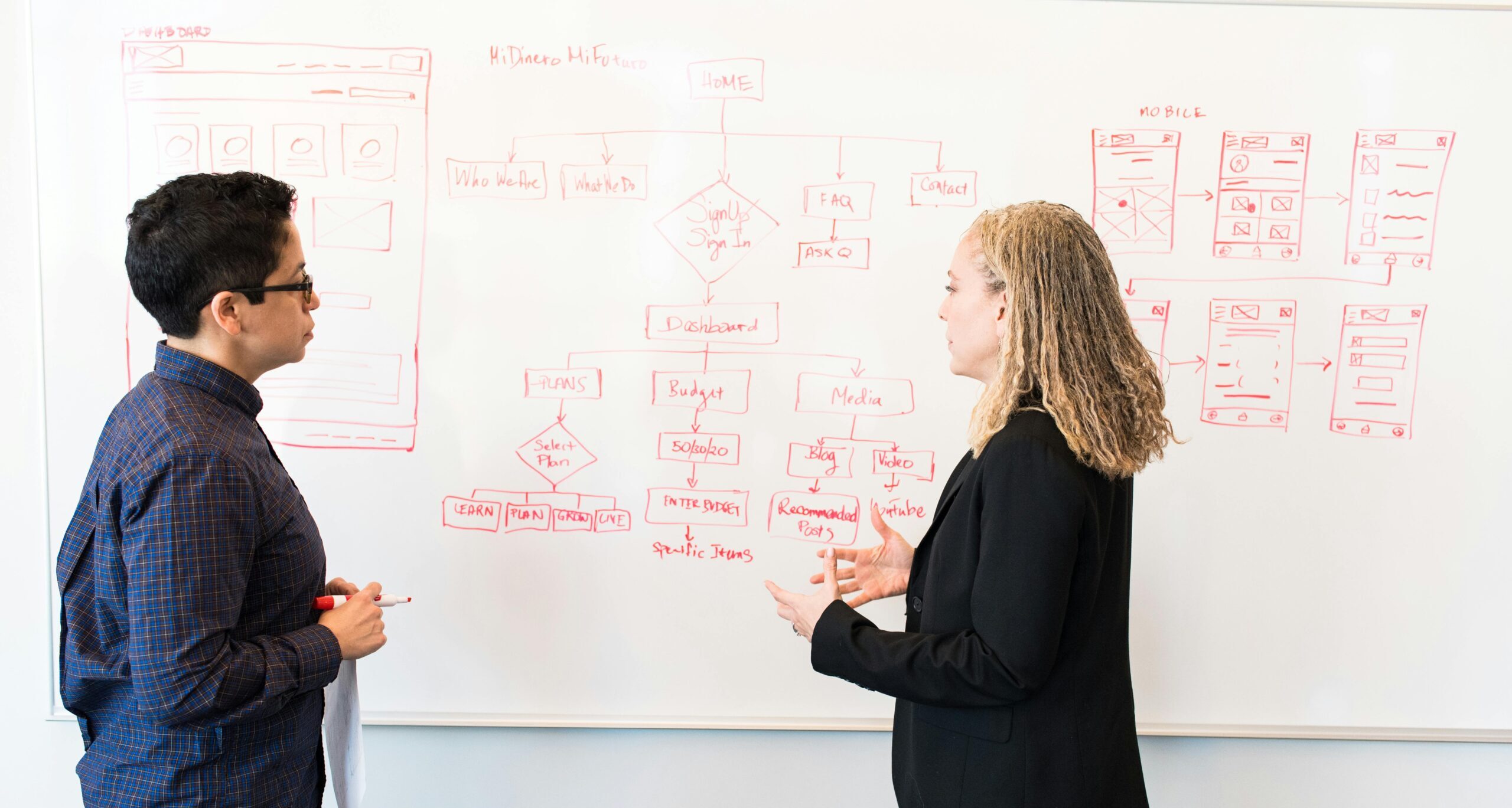 Two professionals brainstorming their digital marketing approach on a whiteboard.